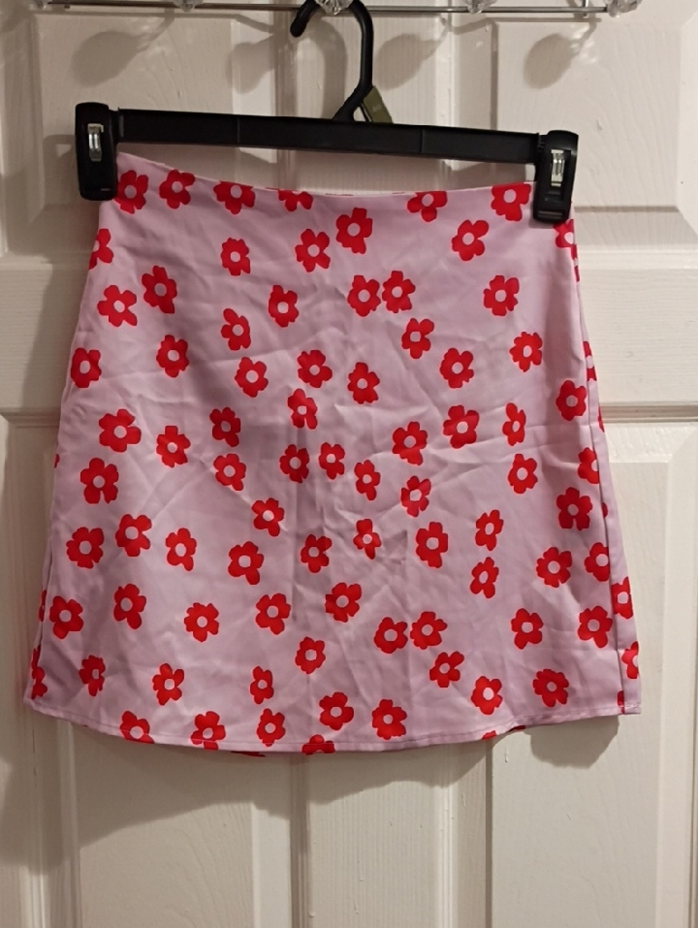 Pink Floral A-Line Skirt with Red Flower Print
